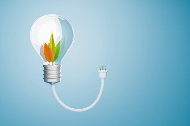 Light bulb with power plug Natural energy, environmentally friendly energy sources on blue background. Ecological concept rendering design. 3D illustration