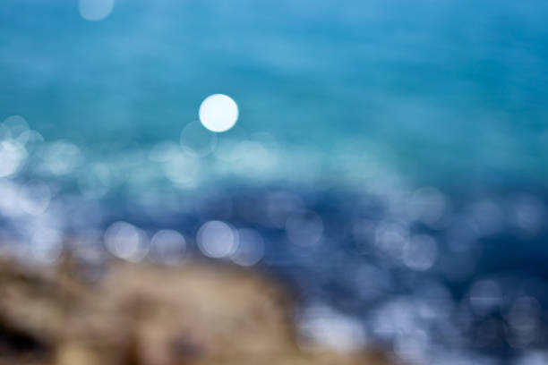 Abstract Ocean blue defocused blurred glitter sparkling on nature coastal line background. Ideal for wallpaperm web title, theme, card, advertising etc., with copy space.
