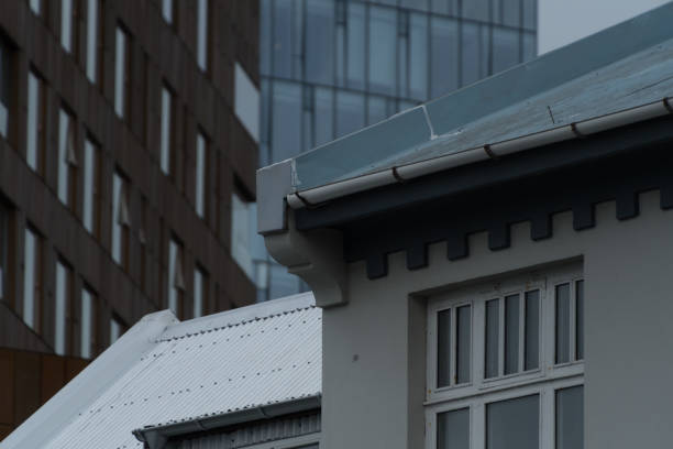 Multiple layers made by tall condo buildings in Midborg near harbor. Reykjavik, Iceland