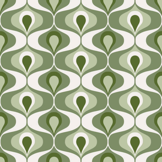 Retro 70s geo teardrops pattern, pastel sage green ogee ovals seamless pattern for fabric, wallpaper and wrapping paper.