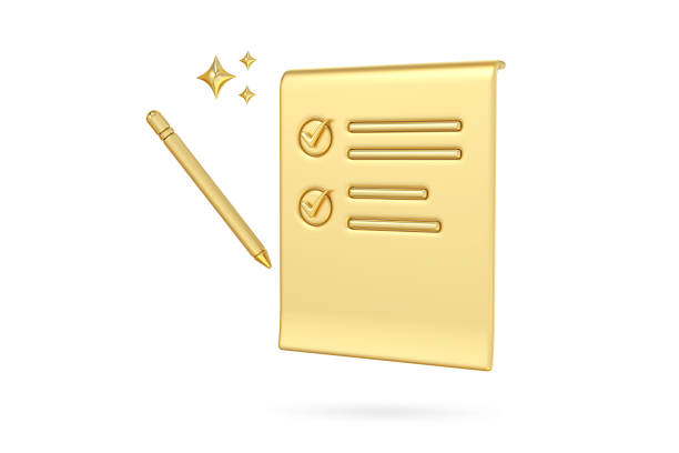 Golden Checklist, Document Icon, 3D rendering of a golden checklist with a pen, symbolizing the accomplishment of tasks and the fulfillment of goals, The sparkle effect adds touch of magic