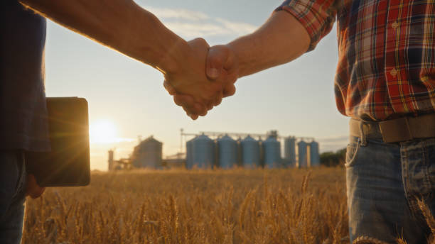 istock Caucasian Farmers Handshake in Wheat Field Silo Background 2174756108
