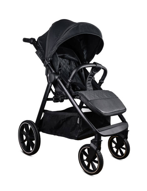 istock Modern black baby stroller standing isolated on white background 2174771065