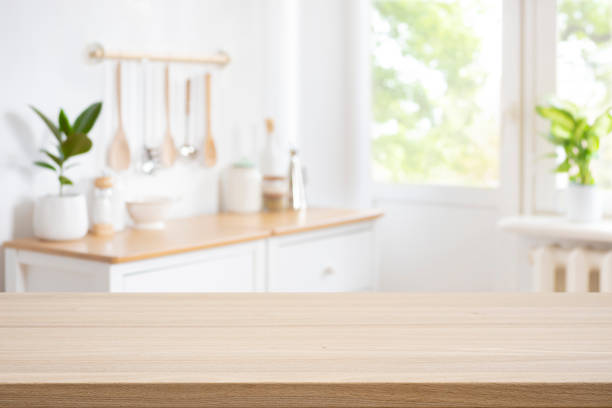 istock Wooden table top on defocused rustic kitchen bench interior background 2174795474