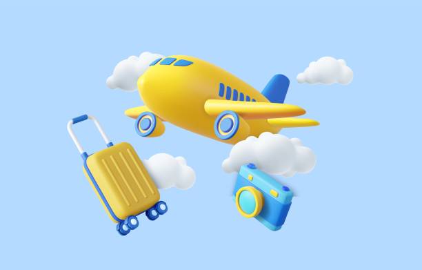 istock 3d airplane, luggage and photo camera in a cloudy sky. 2174812223