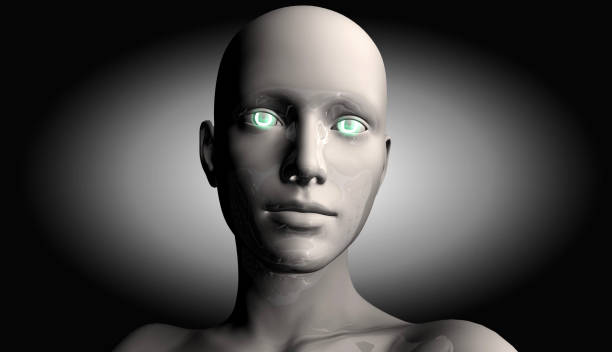 A beautiful robot with an innocent face that examines its surroundings in the dark with its luminous eyes. / You can see the animation movie of this image from my iStock video portfolio. Video number: 2174707809