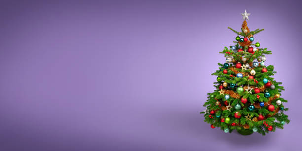 istock Decorated delightful Christmas tree on soft purple background 2174829583