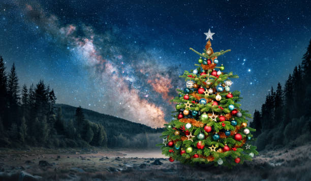 istock Decorated Christmas tree in nature under the starry night sky 2174829616