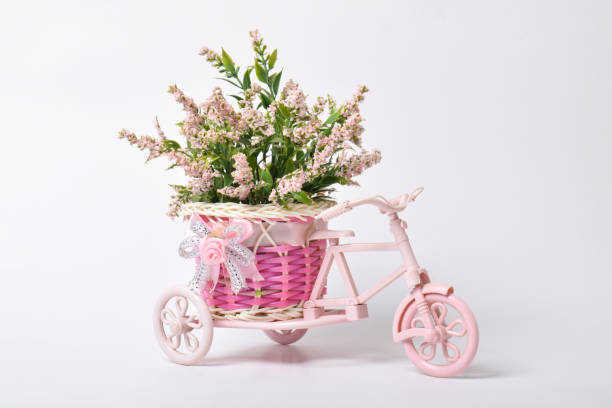 Glamorous wedding decoration, flower decoration. Flower bouquet on mini tricycle isolated on white background