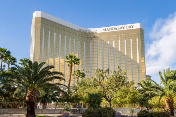 Mandalay Bay. Entering Las Vegas, Mandalay Bay is the first hotel on the main boulevard of the city. Golden facade of Mandalay Bay sparkles in the rays of the sun. Las Vegas, Nevada - 2 April, 2017