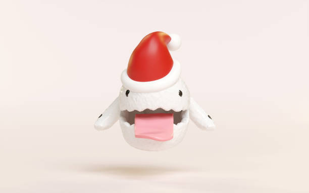 3d cute monster, white cute ghost with santa claus hat isolated on cream background. 3d render illustration