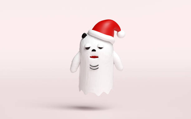 3d cute monster, white cute ghost with santa claus hat isolated on cream background. 3d render illustration