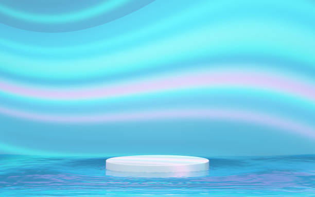 istock 3d podium empty with water wave isolated on rainbow background. cosmetic display product stage, 3d illustration render 2174843714