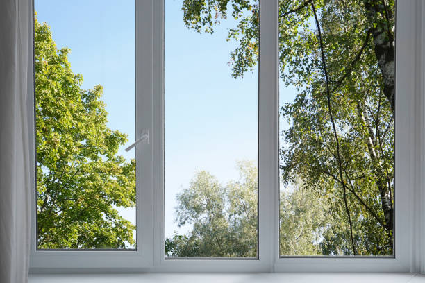 istock View from the window on the garden green trees . 2174844850
