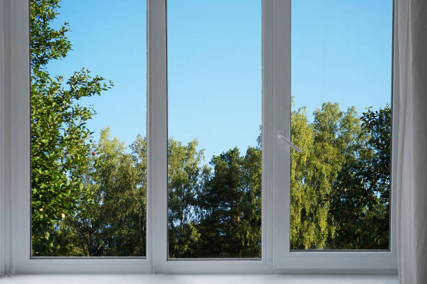 istock View from the window on the garden green trees . 2174845164
