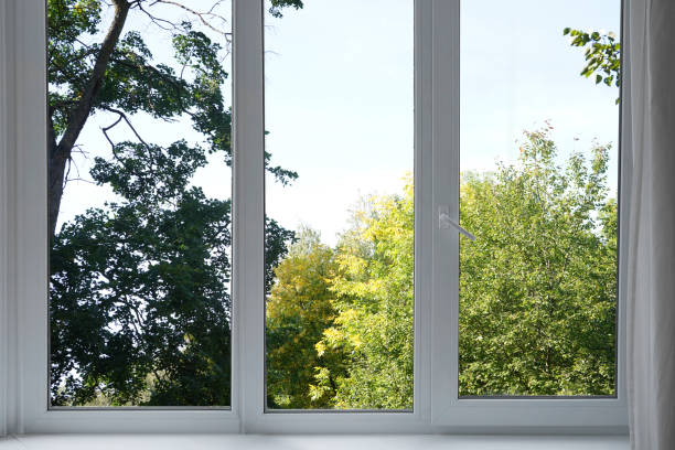 istock View from the window on the garden green trees . 2174845176