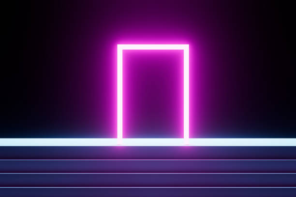 istock 3d render A neon door is lit up in a dark room 2174851495