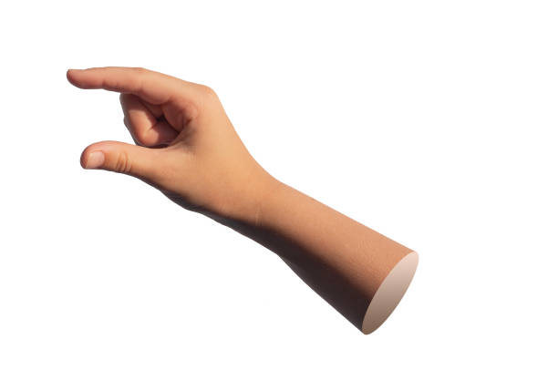 A hand using two fingers to hold and measure an invisible object isolated on a white background.