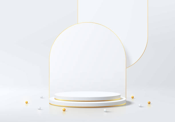 istock Realistic white 3D cylindrical podium background with overlap arch backdrop scene, gold ball. Minimalist mockup pedestal, Abstract product display presentation, Stage showcase. Platforms vector design 2174867035