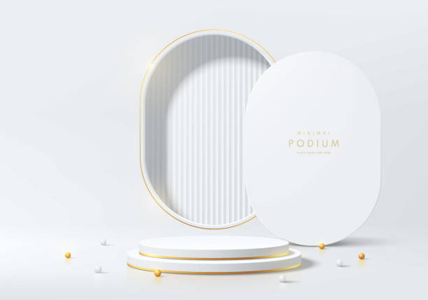 istock Realistic white 3D cylindrical podium background with round window wall scene, Golden ball. Minimalist mockup pedestal, Abstract product display presentation, Stage showcase. Platforms vector design. 2174867055