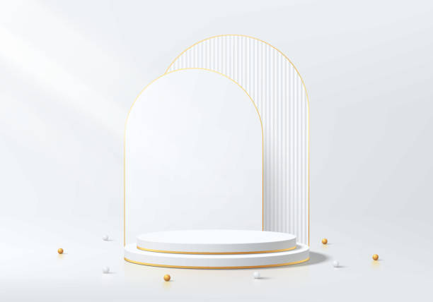 istock Realistic white 3D cylindrical podium background with layers arch backdrop scene, gold ball. Minimalist mockup pedestal, Abstract product display presentation, Stage showcase. Platforms vector design. 2174867067