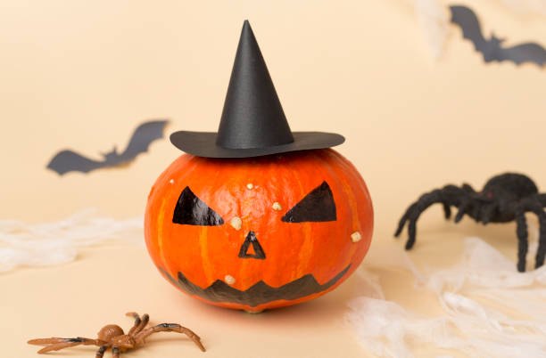 istock Halloween composition with jack o lanter decor on color background 2174874507