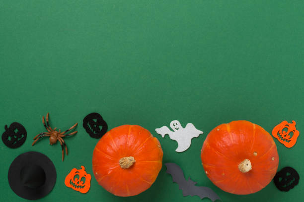 istock Halloween decoration and pumpkins on color background, top view 2174874557