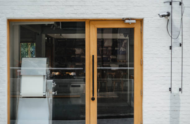 istock Restaurant door handle with push sign on glass 2174883300