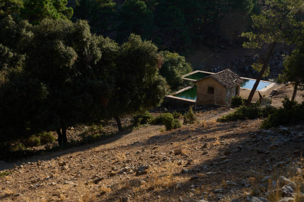 Andlucia, Spain, The province of Jaen.  El Chorro in the ridge of mountains of la Sierra de Cazorla, Segura y las Villas. A rustic stone house nestled in a peaceful forest setting with a reflective pond, surrounded by lush greenery and gentle slopes.