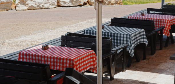 istock Outdoor Dining Tables Red Checkered Gingham Tablecloths Side View 2174886124
