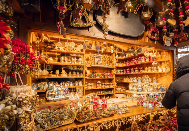 St. Wolfgang in Salzkammergut, Austria - December 2, 2023. Festive market stall showcasing handcrafted ornaments and Christmas decorations
