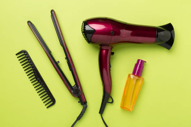 istock Hair tools with thermo protection on color background, top, view 2174901226