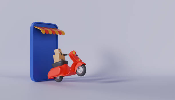 istock Mobile phone frame, fast delivery service concept and cardboard boxes for parcels 2174902303