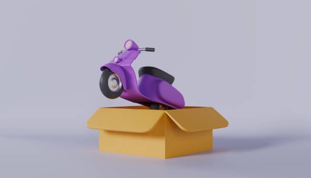 istock Colorful 3D Render of Boxes with Motorcycle Delivery 2174902410