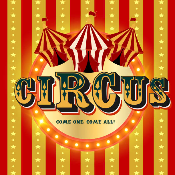 Circus vintage poster with Carnival Tent, shining bulbs, ribbon and stars. Vector retro invitation poster template for circus, carnival event show in red vintage colors. Carnival banner