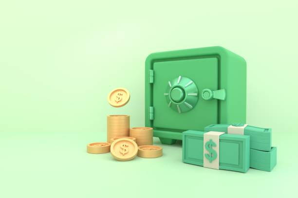 istock 3d green safe deposit box icon with banknotes and coins. 2174913735