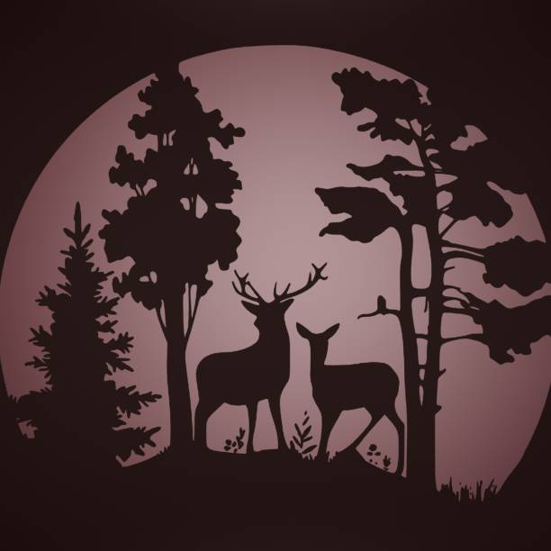 Abstract forest background template with deer family silhouettes on dark red background for wallpaper.