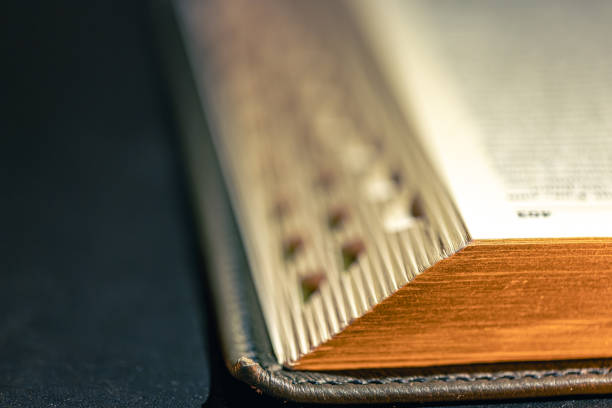 Open Bible on a black background. Religion concept. High quality photo. Space for text. Bible book close-up. Bible pages close-up.