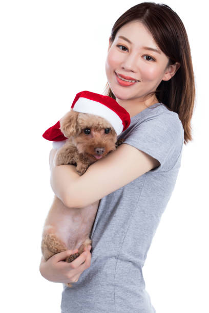 woman with her dog isolated on white background
