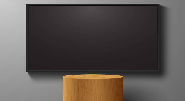 istock wooden podium with led screen blackground in the white room 2174916556