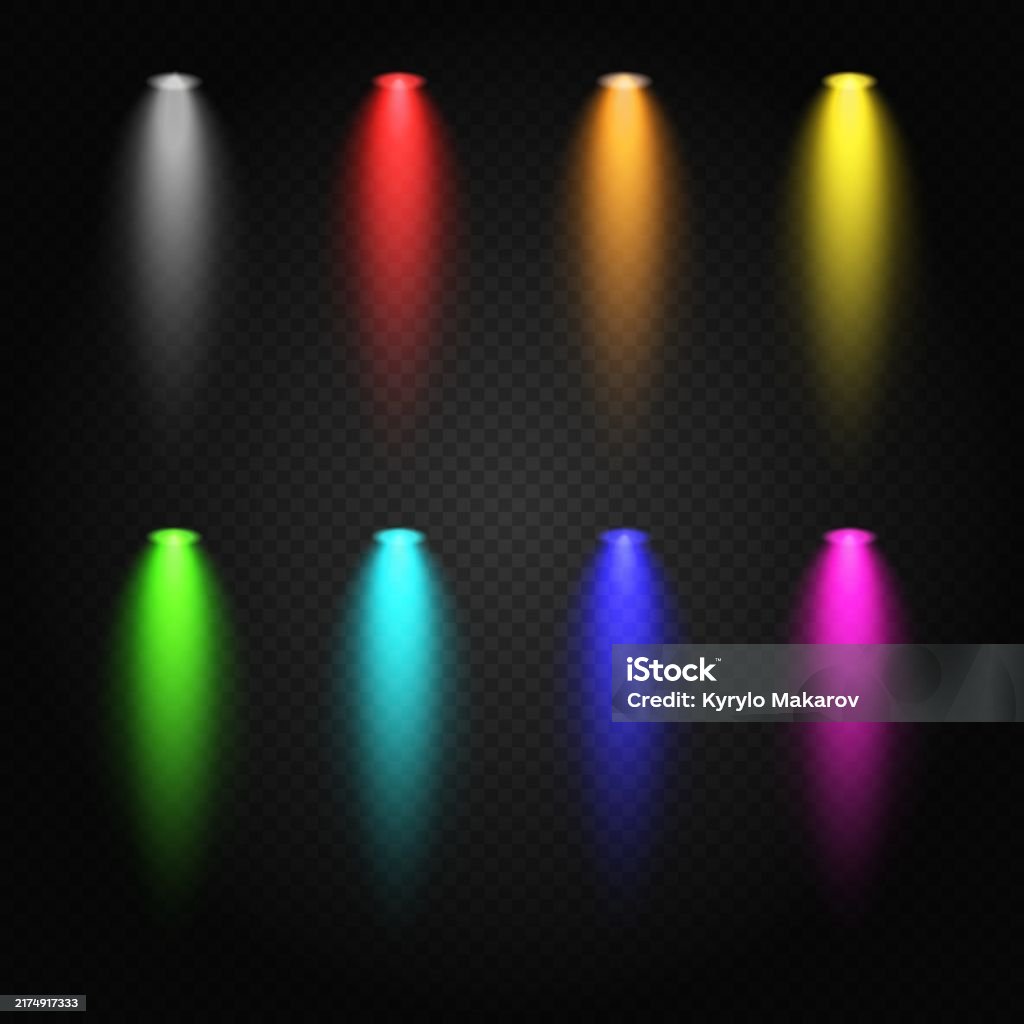 Set of eight colorful spotlights on a transparent background. Includes red, yellow, green, blue, and purple lights, ideal for stage design, party lighting, or visual effects. - Trả phí Bản quyền Một lần Luxeon vectơ sẵn có Set of eight colorful spotlights on a transparent background. Includes red, yellow, green, blue, and purple lights, ideal for stage design, party lighting, or visual effects. - Trả phí Bản quyền Một lần Luxeon vectơ sẵn có