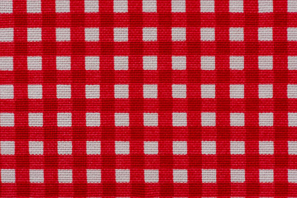 Checkered fabric white with red as background macro photo