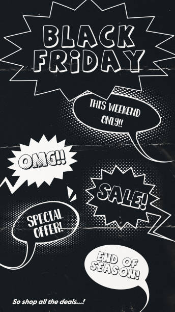 Comic book-style illustration of speech bubbles with text BLACK FRIDAY, sale, special offer, end of season phrases on a black background. Concept of Black Friday, Cyber Monday. Banner, poster template