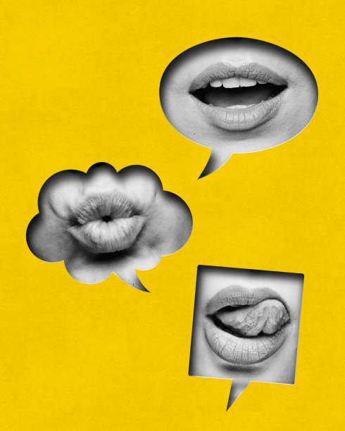 istock Contemporary art collage. Different lips expressing various emotions enclosed in speech bubbles on vibrant yellow background, creating playful representation of dialogue. 2174925210