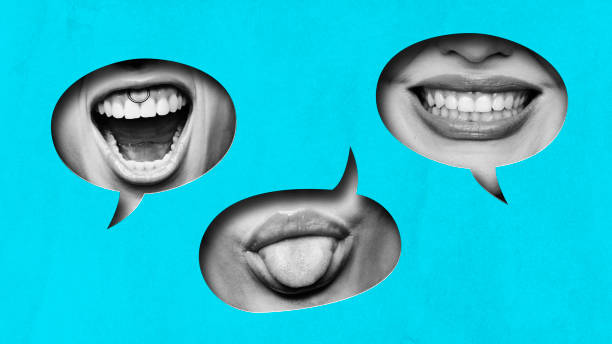 istock Contemporary art collage. Mouths, enclosed in speech bubbles on bright teal background, showcasing smiles, tongue, and piercings to evoke varied emotions. 2174925211