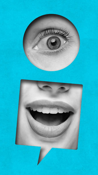 istock Contemporary art collage. Eye inside round bubble and mouth in square bubble on bright blue background merge elements of observation and speech for engaging visual. 2174925212
