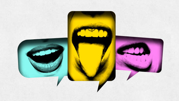 Contemporary art collage. Bold, colorful speech bubbles featuring mouths with various expressions smiling, licking, and sticking out tongue. Concept of social media, communication, propaganda. Ad