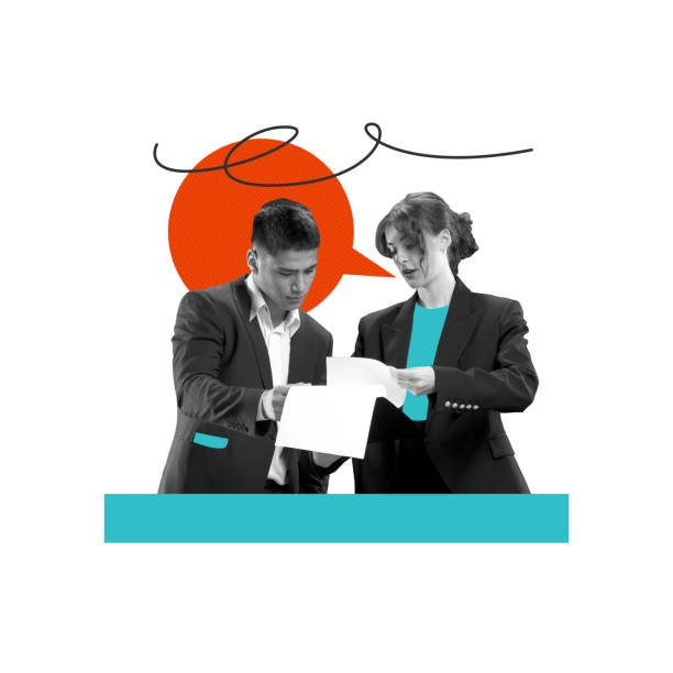 istock Woman giving clear instructions to young man, trainee. Reviewing documents, Clear communication and collaboration. Contemporary art collage. Internship. 2174929343