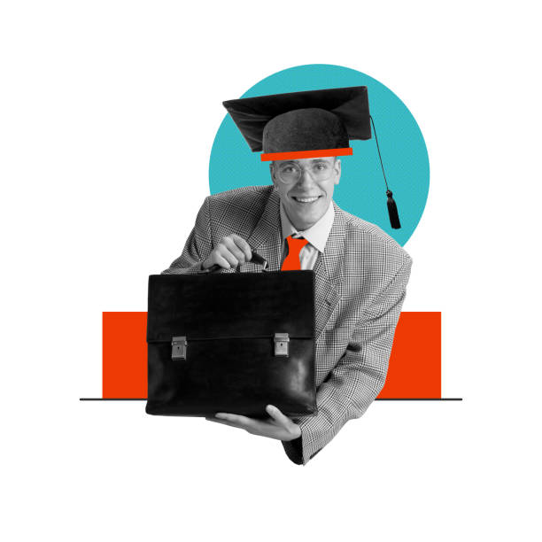 istock Man in graduation cap holding briefcase. Combination of education and practical experience in shaping successful career. Contemporary art collage. 2174929345