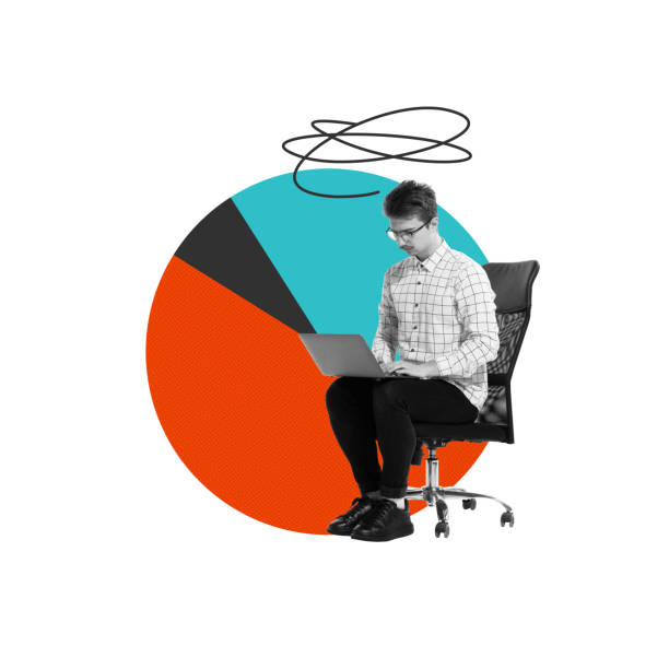 istock Man, employee working on laptop with pie chart behind. Focus on data analysis and performance metrics. Conceptual design. 2174929348